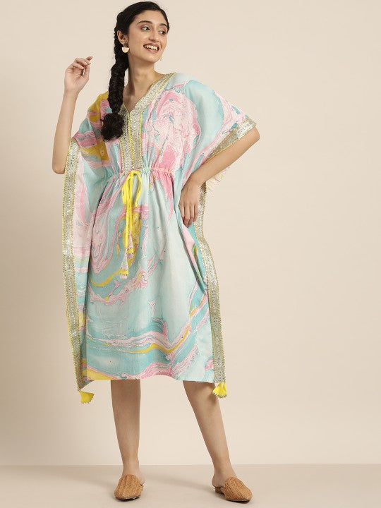 Women Blue & Pink Pure Cotton Marbel Print Kaftaan Kurta-2