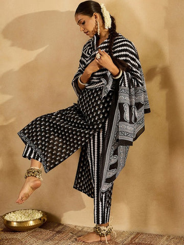 Black Ethnic Motifs Printed Pure Cotton Straight Kurta With Trousers & Dupatta