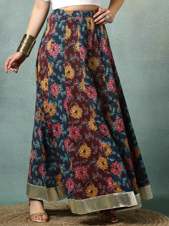 Floral Printed Cotton Flared Maxi Skirt-2