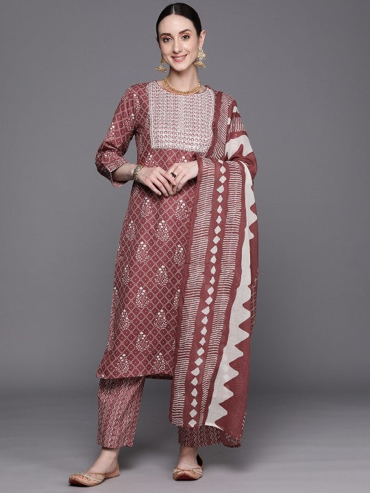 Bandhani Printed Regular Thread Work Pure Cotton Kurta With Trousers & Dupatta-1