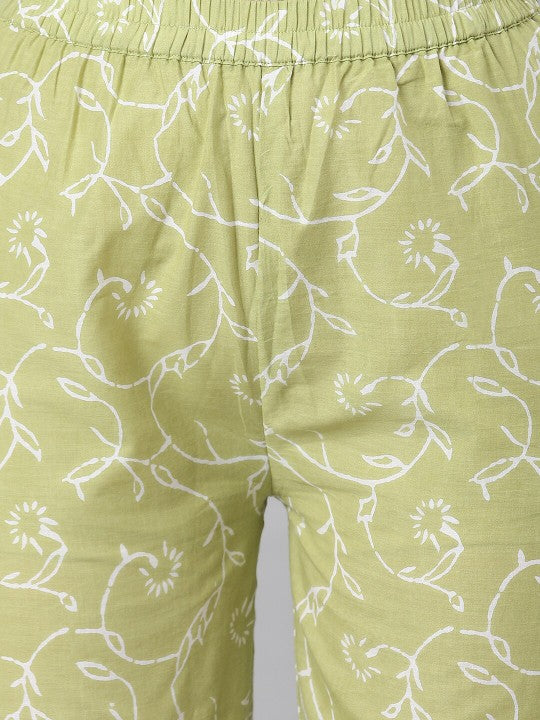 Women Green & Pink Printed Pure Cotton Kurta with Palazzos & Dupatta