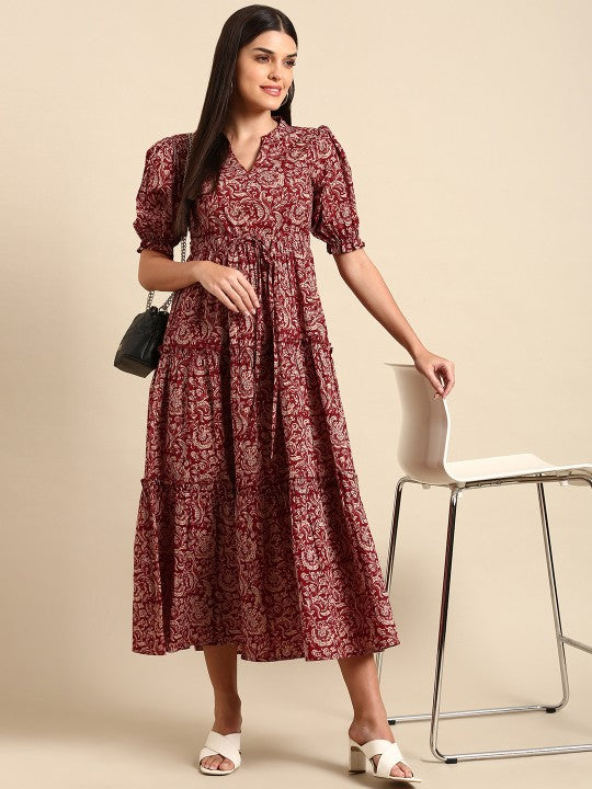 Red Floral Ethnic A-Line Cotton Midi Ethnic Dress-1