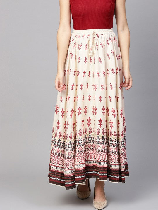 Cream-Coloured & Red Printed Flared Maxi Skirt-1