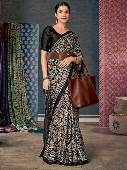 Black & Orange Ethnic Motifs Block Printed Sarees-1