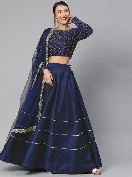 Navy Blue Embroidered Semi-Stitched Lehenga & Unstitched Blouse with Dupatta-1