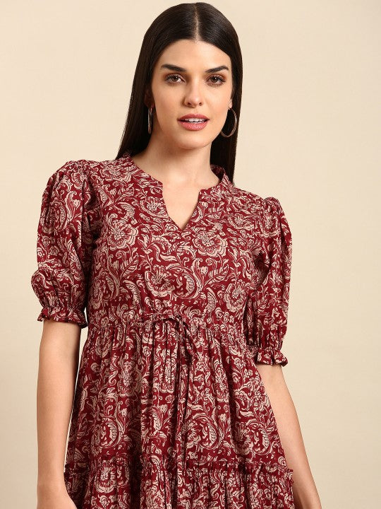 Red Floral Ethnic A-Line Cotton Midi Ethnic Dress-3