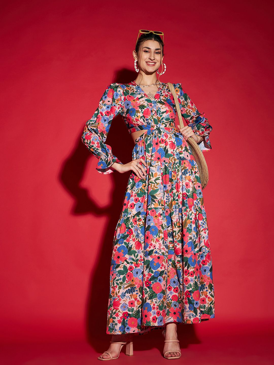 Blue Floral Printed Cut Out Crepe Maxi Dress