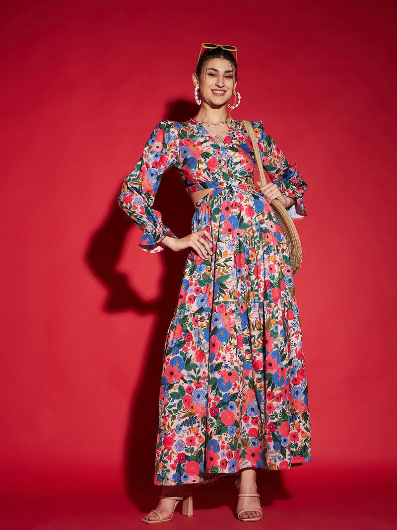Blue Floral Printed Cut Out Crepe Maxi Dress-6