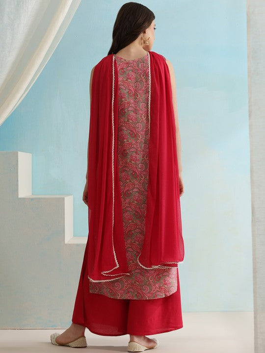 Paisley Printed V-Neck Sleeveless Kurta with Palazzos & With Dupatta-2