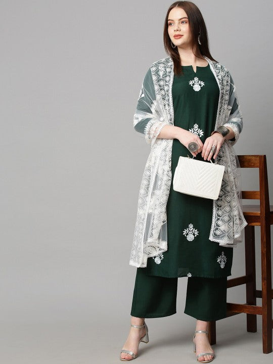 Women Green Ethnic Motifs Embroidered Thread Work Kurta with Palazzo & Dupatta-1