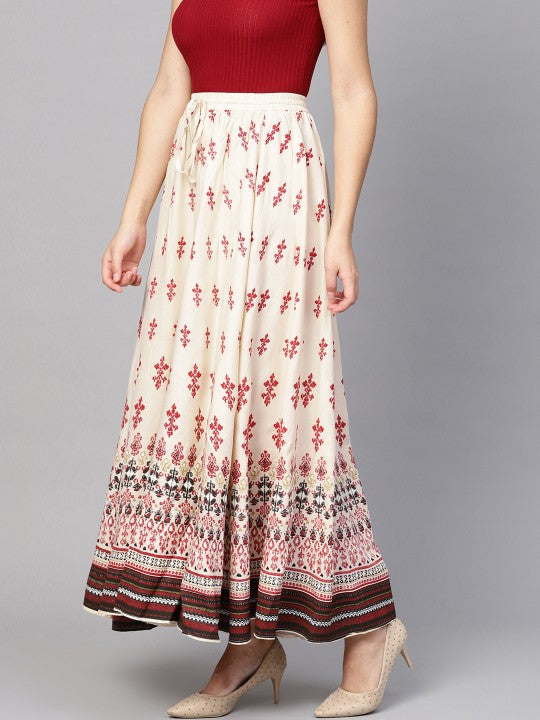 Cream-Coloured & Red Printed Flared Maxi Skirt-2