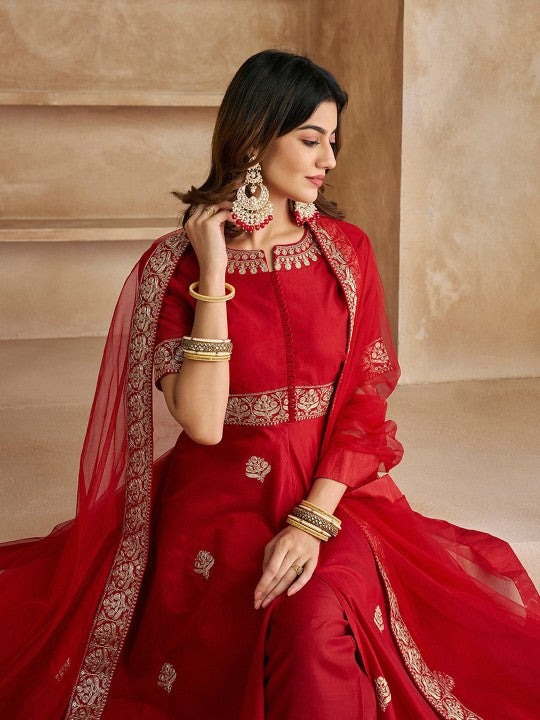 Ethnic Motifs Embroidered High Slit Zari Kurta with Trousers & With Dupatta-4