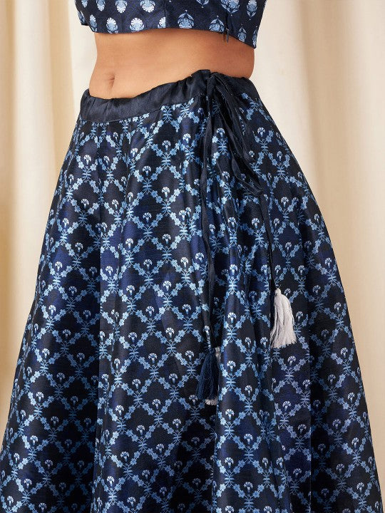 Women Deep Navy Blue Floral Skirt-4