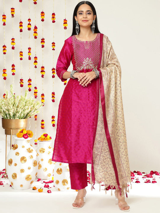 Purple Geometric Woven Design Thread Work Jacquard Kurta with Trousers & Dupatta-14