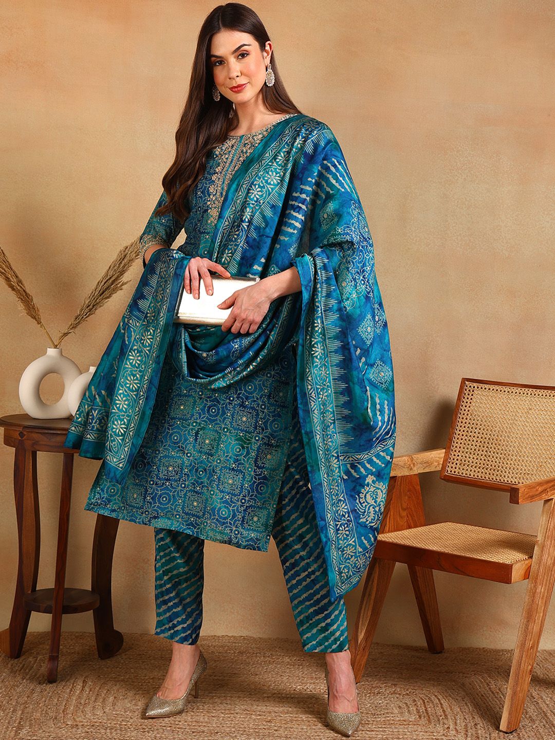 Ethnic Motifs Printed Thread Work Straight Kurta With Trouser & Dupatta-1