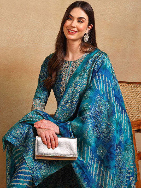 Ethnic Motifs Printed Thread Work Straight Kurta With Trouser & Dupatta-7