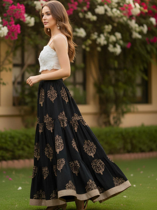 Printed Pure Cotton Maxi Flared Skirts-4
