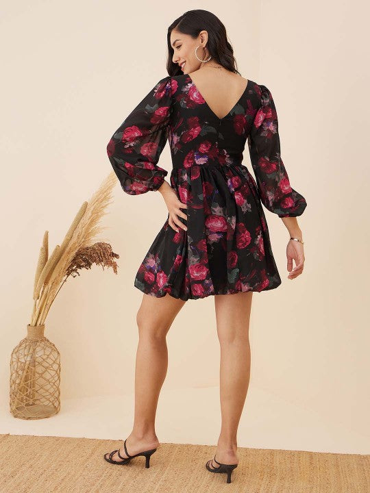 Black Floral Printed Fit & Flare Dress-3