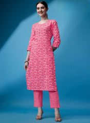 Pink Floral Printed Cotton Kurta Set