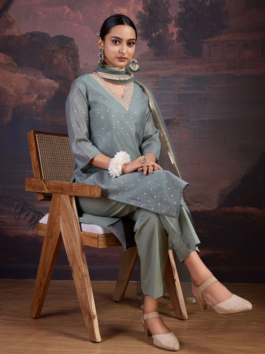Floral Woven Design V-Neck Straight Kurta With Trouser & Dupatta-12