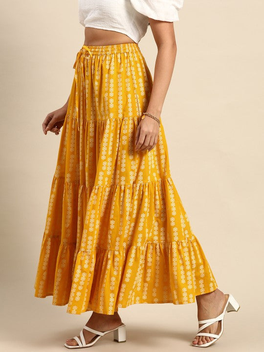 Floral Printed Tiered Flared Maxi Skirt-4