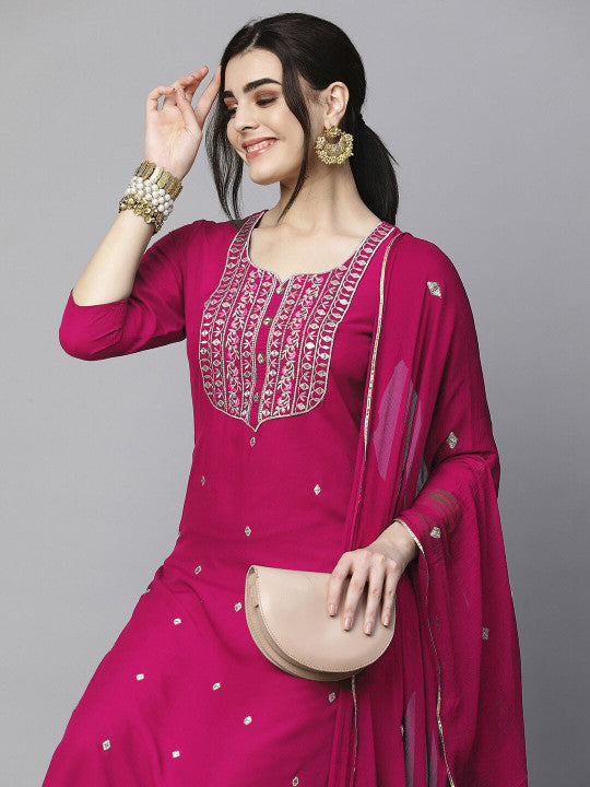 Women Ethnic Motifs Embroidered Regular Kurta With Trousers & Dupatta-11