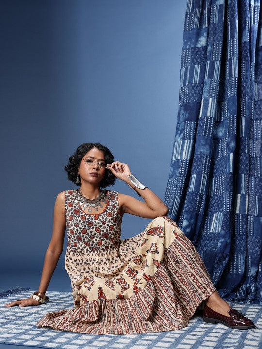 Floral Printed Gathered or Pleated Bagru A-Line Ethnic Dresses-4