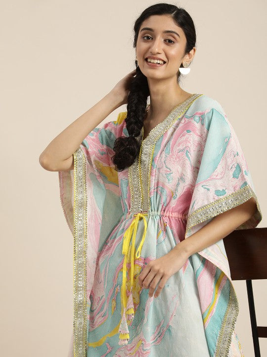 Women Blue & Pink Pure Cotton Marbel Print Kaftaan Kurta-1