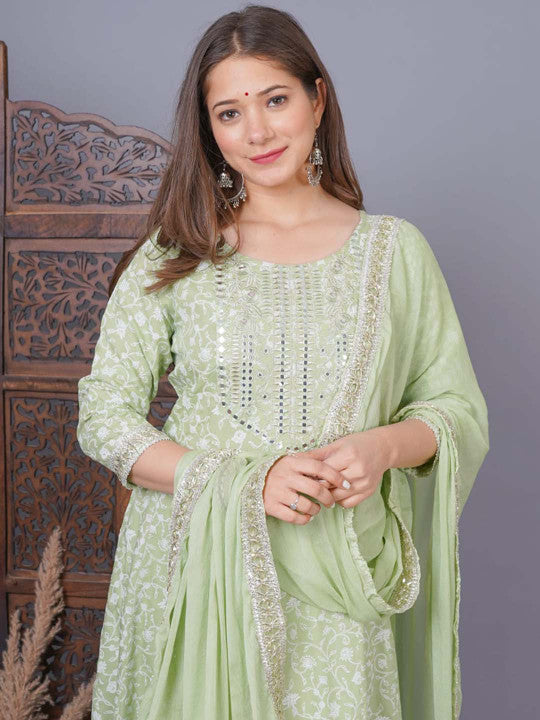 Floral Printed Mirror Work Anarkali Kurta & Trousers With Dupatta-15