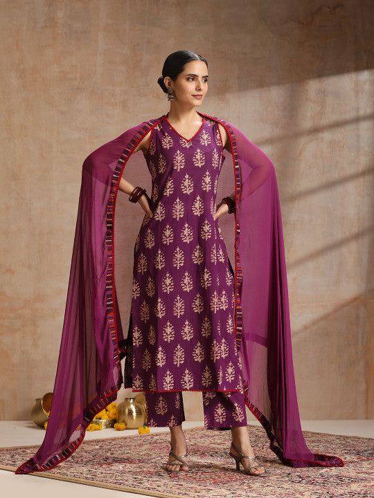 Ethnic Motifs Printed Regular Pure Cotton Straight Kurta with Palazzos & Dupatta-15