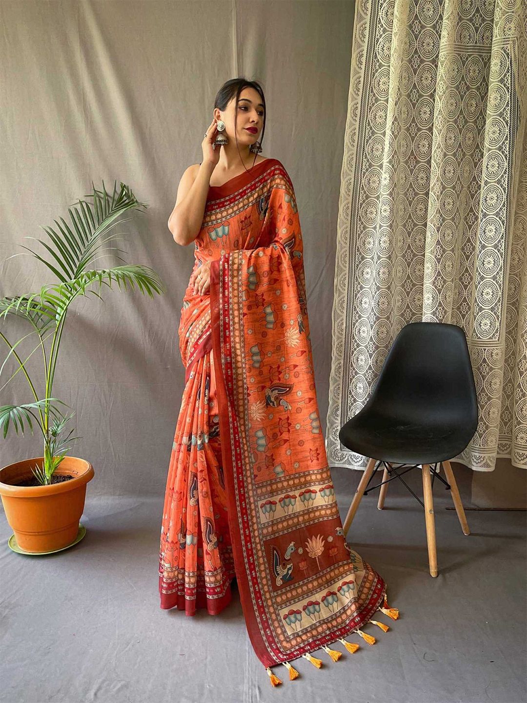 Cotton Bend Kalamkari Saree With Tassel-5
