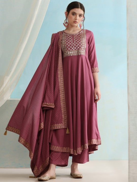 Embroidered Regular Sequinned Kurta with Palazzos & Dupatta-1