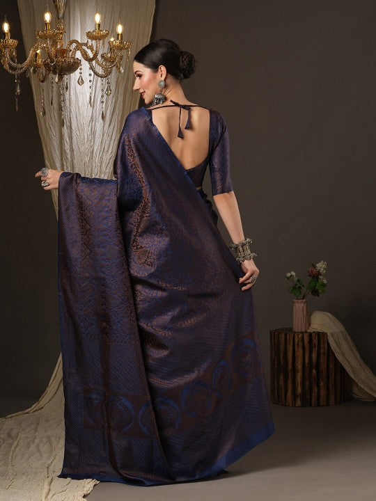 Navy Blue & Gold-Toned Woven Design Zari Silk Blend Banarasi Sarees-2