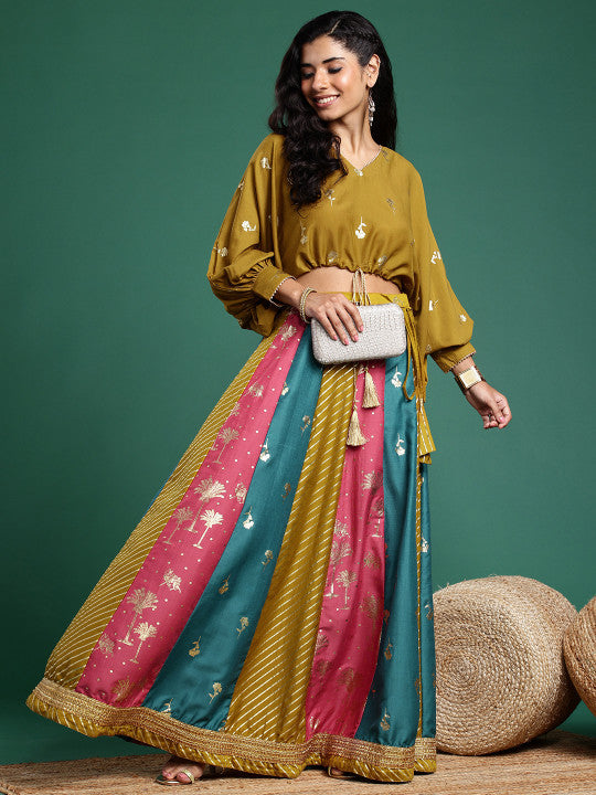 Foil Printed V-Neck Dolman Sleeves Ready to Wear Lehenga Choli