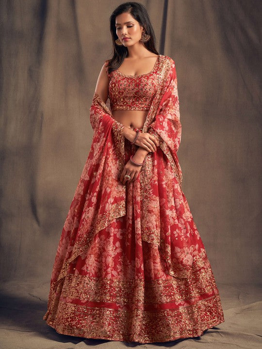Red & Gold-Toned Embroidered Sequinned Shibori Semi-Stitched Lehenga & Unstitched Blouse With-1