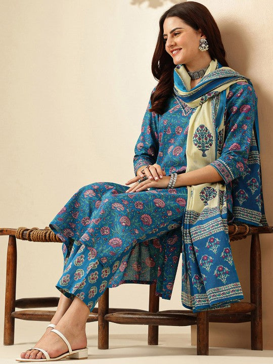 Floral Printed Regular Pure Cotton Kurta With Trousers & Dupatta-5