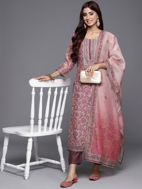 Floral Yoke Design Regular Mirror Work Kurta With Trousers & With Dupatta-1