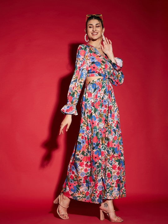 Blue Floral Printed Cut Out Crepe Maxi Dress