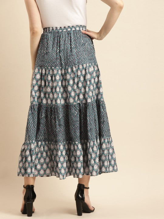Anayna Women Blue And White Printed Cotton Tiered Long Skirt
