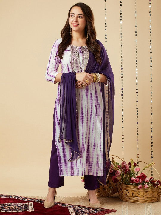Ethnic Motifs Embroidered U-Neck Gotta Patti Kurta With Trouser & Dupatta-1