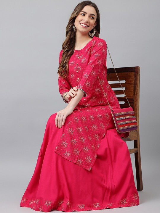 Women Purple Ethnic Motifs Printed Kurta with Skirt-8