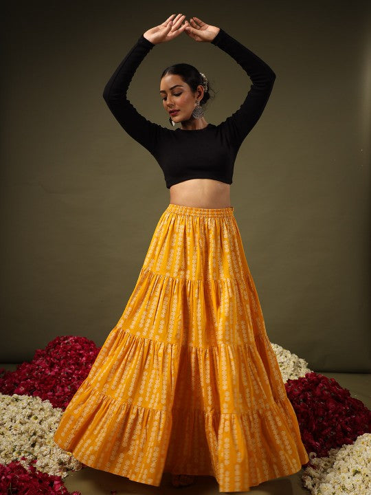 Floral Printed Tiered Flared Maxi Skirt-1