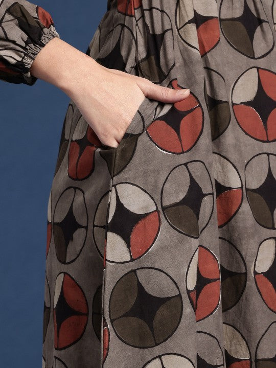 Dabu Geometric Printed A-Line Pure Cotton Midi Ethnic Dress