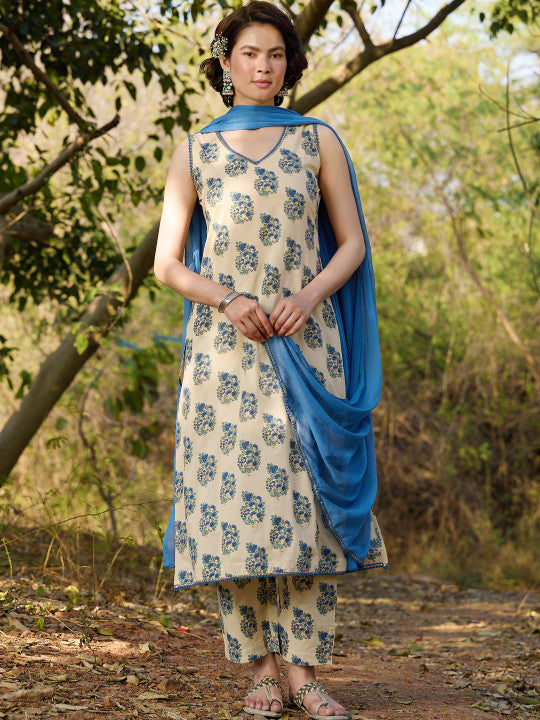 Ethnic Motifs Printed Regular Pure Cotton Straight Kurta with Palazzos & Dupatta-20