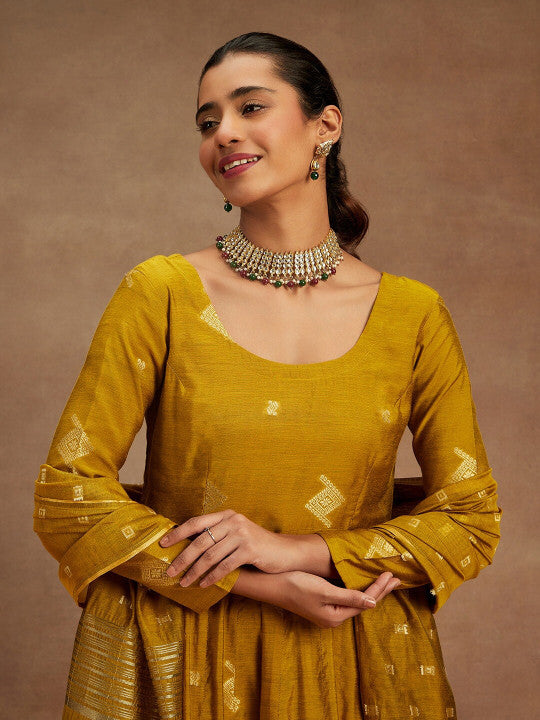 Woven Design Chanderi Silk Kurta With Trousers & Dupatta-8