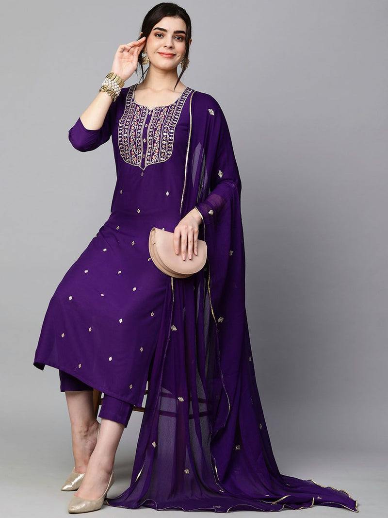 Women Ethnic Motifs Embroidered Regular Kurta With Trousers & Dupatta-13