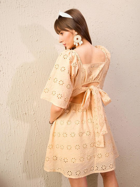 Beige Self Design Schiffli Square Neck Flared Sleeve Pure Cotton A-Line Dress-3