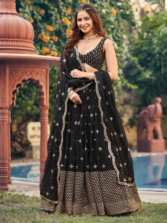 Embroidered Sequinned Semi-Stitched Lehenga & Unstitched Blouse With Dupatta-8