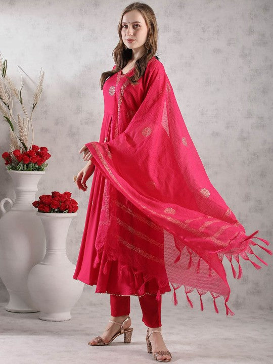 Floral Printed Anarkali Kurta With Trousers & Dupatta