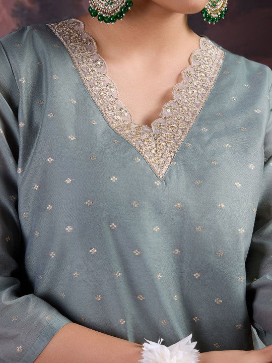 Floral Woven Design V-Neck Straight Kurta With Trouser & Dupatta-11